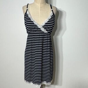Elegant Navy Striped Breastfeeding Dress with Lace Trim